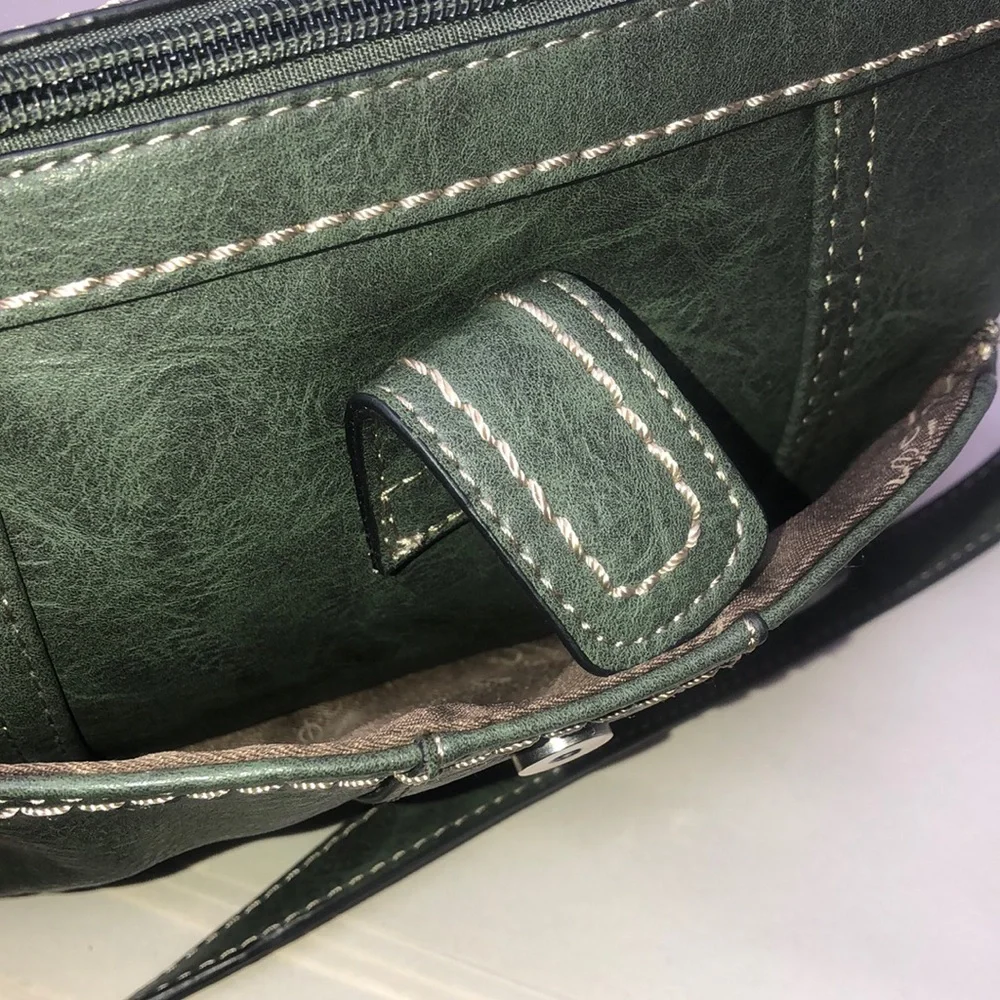 BOC Dark Olive Green Crossbody Adjustable Strap Silver Hardware Zipper Pockets